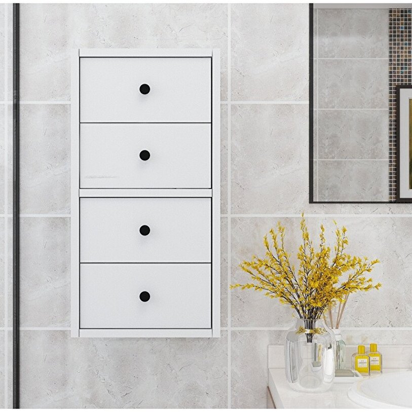 Nettrends Dört Çekmeceli Duvar Tipi Beyaz Banyo Rafı
